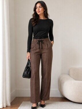 Flamingo Brown Drawstring Trousers Curvy Fit Relaxed Tailored Pants Career M